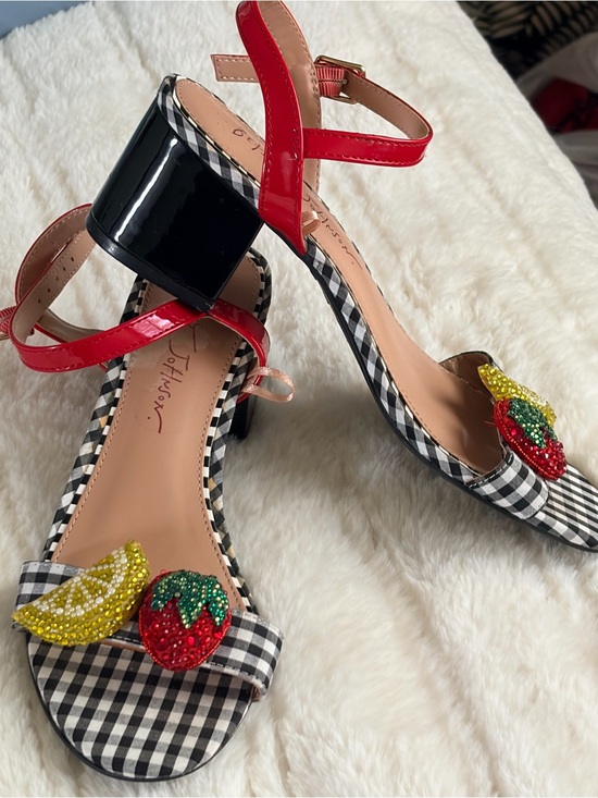 Betsey Johnson Shoes - BETSEY JOHNSON Gingham Beaded Fruit Block Heel Sandals - Red